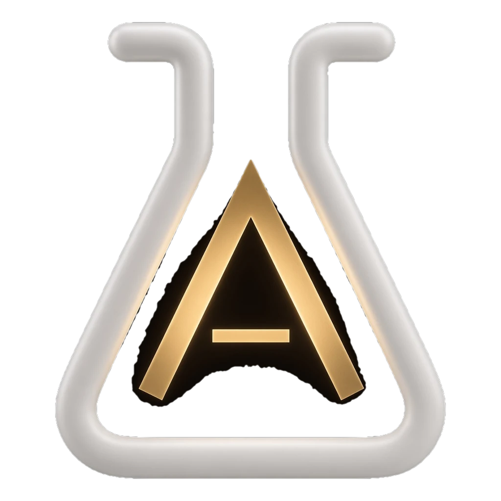 A white 3D laboratory flask with a glowing gold letter A inside